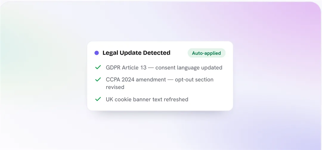 Notification card showing a detected legal update applied automatically