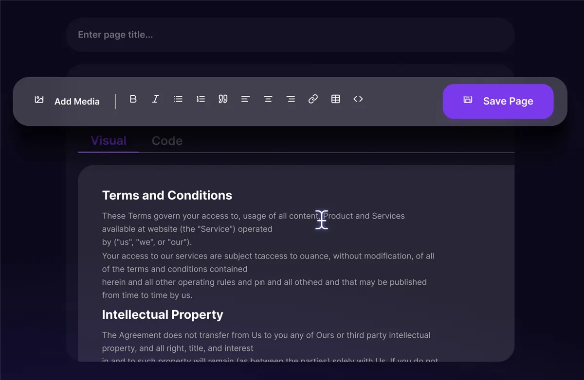 WordPress editor with a Terms and Conditions legal page ready to save